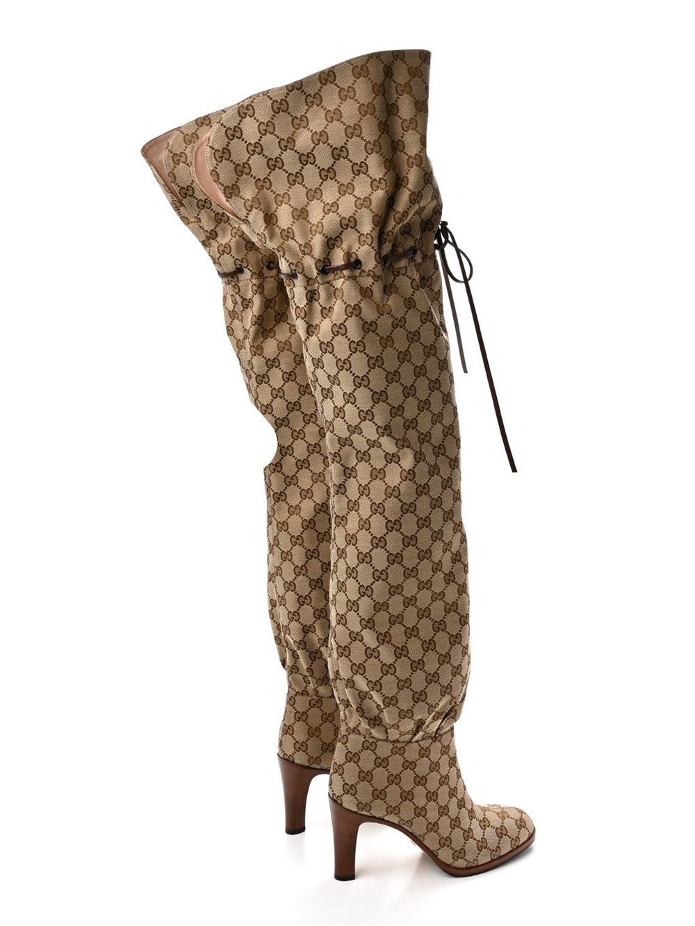 Gucci Tan GG Monogram Over-the-Knee Tie Boots - Picture 3 of 7